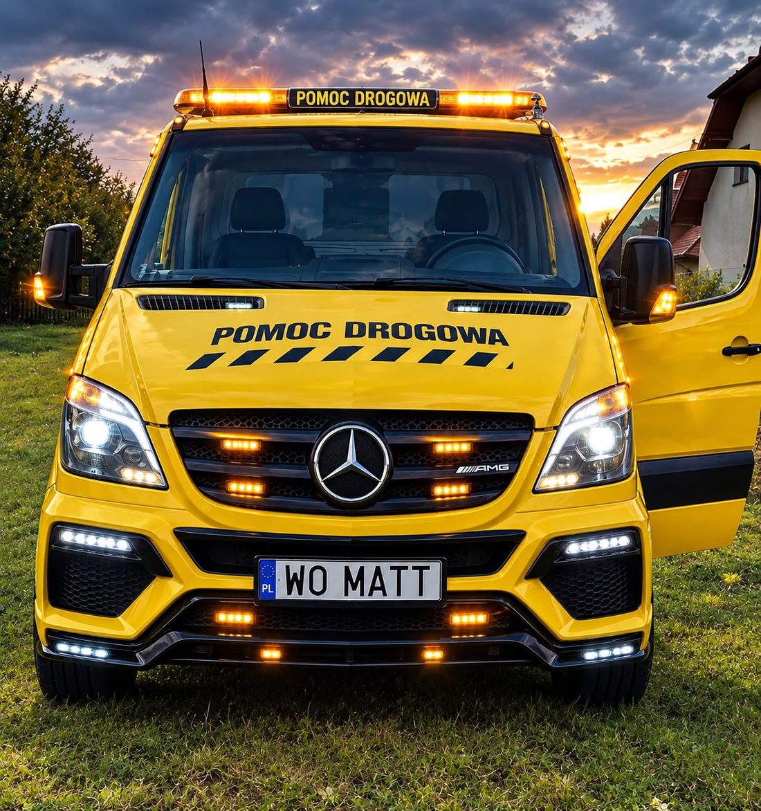 Laweta pomocy drogowej Mercedes Sprinter z oznakowaniem POMOC DROGOWA i włączonymi światłami ostrzegawczymi